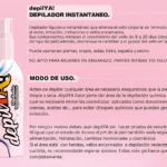 Botella de spray de 60 ml del depilador instantáneo depilYA, con etiqueta blanca y diseño multicolor en tonos verde, azul y rojo, sobre fondo rosa claro.
