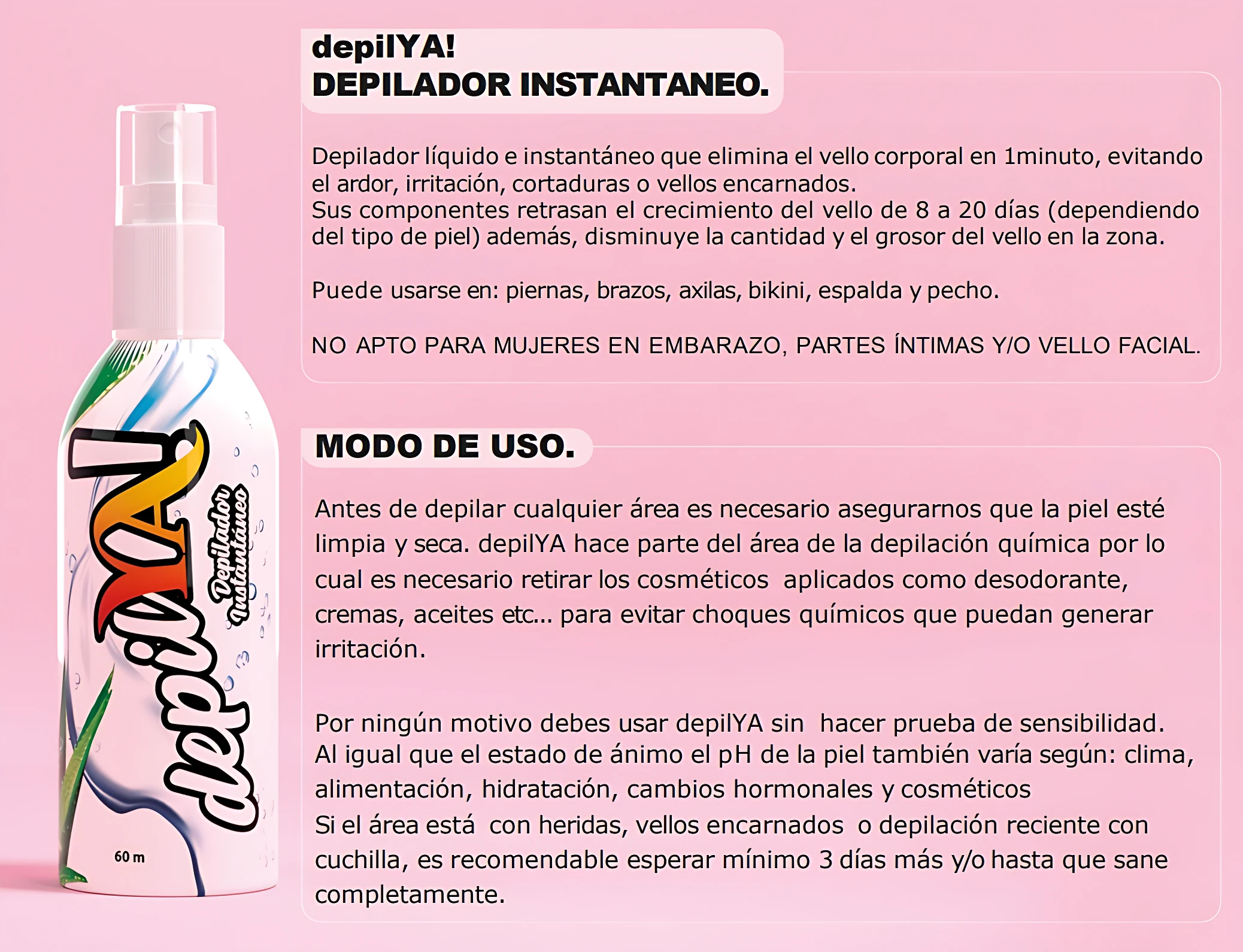 Botella de spray de 60 ml del depilador instantáneo depilYA, con etiqueta blanca y diseño multicolor en tonos verde, azul y rojo, sobre fondo rosa claro.