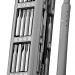 Kit de destornillador magnético con 44 puntas de acero S2 organizadas en estuche gris, incluye mango extraíble y puntas intercambiables para reparaciones precisas.