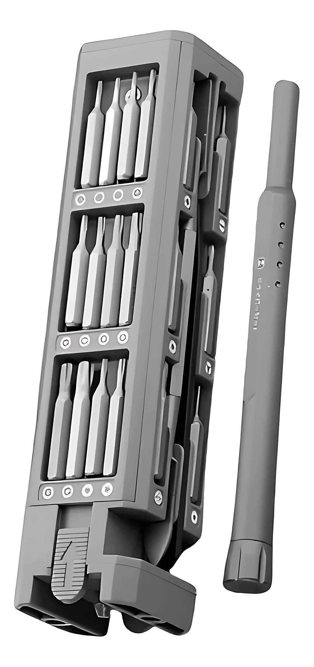 Kit de destornillador magnético con 44 puntas de acero S2 organizadas en estuche gris, incluye mango extraíble y puntas intercambiables para reparaciones precisas.