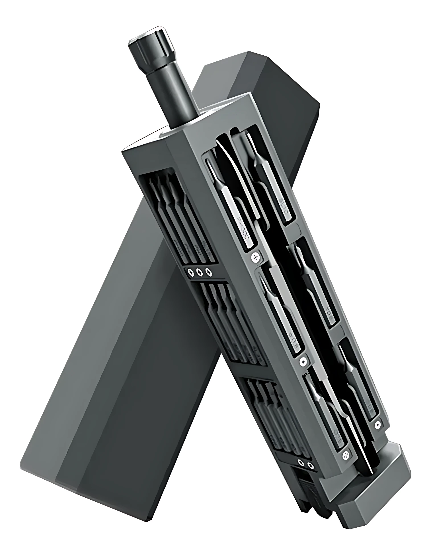 Kit destornillador magnético de 44 puntas en acero S2, con carcasa negra y mango ergonómico, mostrando puntas organizadas en ranuras laterales y base de almacenamiento integrada.