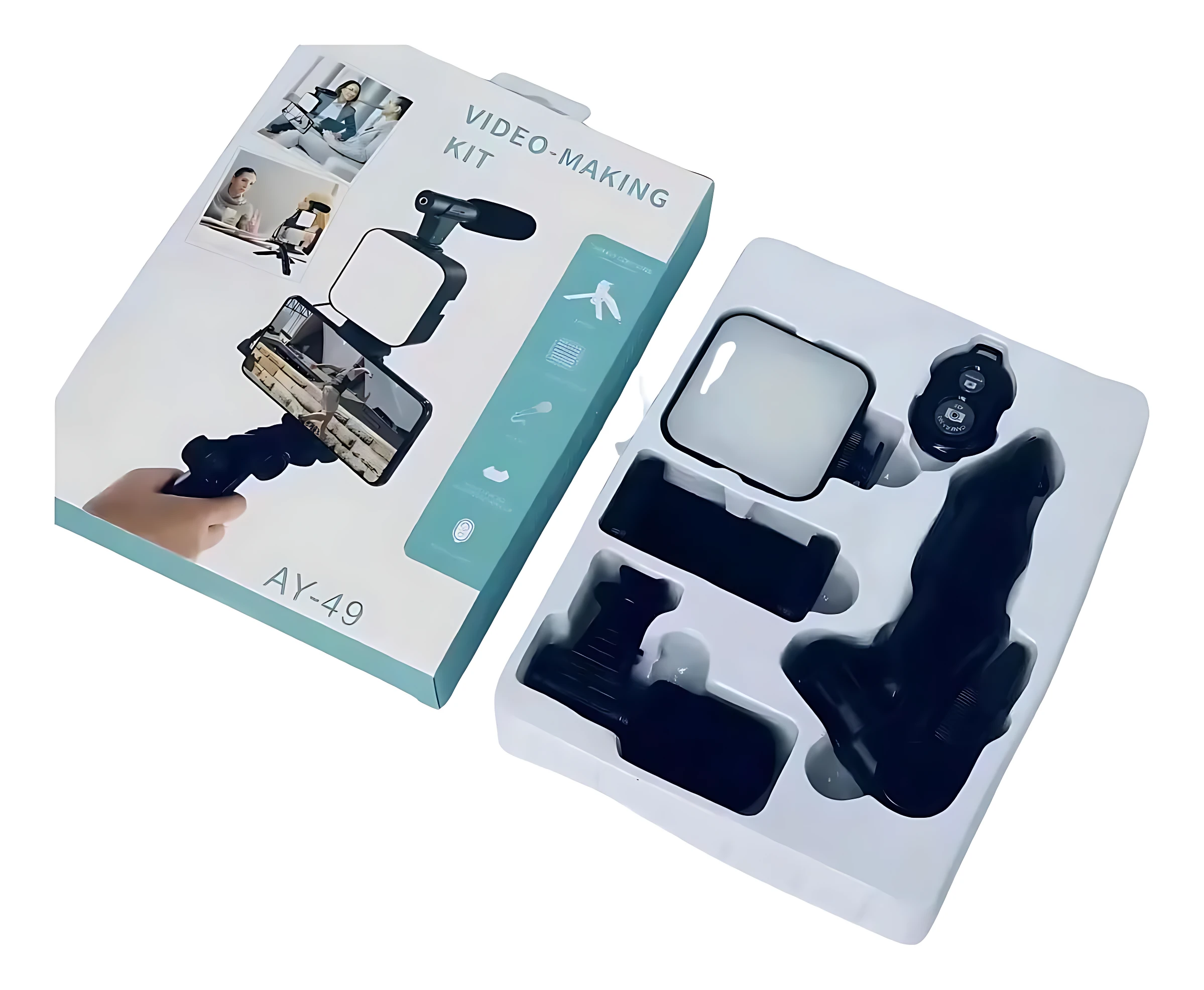 Kit de grabación con micrófono y luz LED, modelo AY-49. Incluye soporte flexible, micrófono externo, luz LED y accesorios en caja blanca con moldes de espuma.