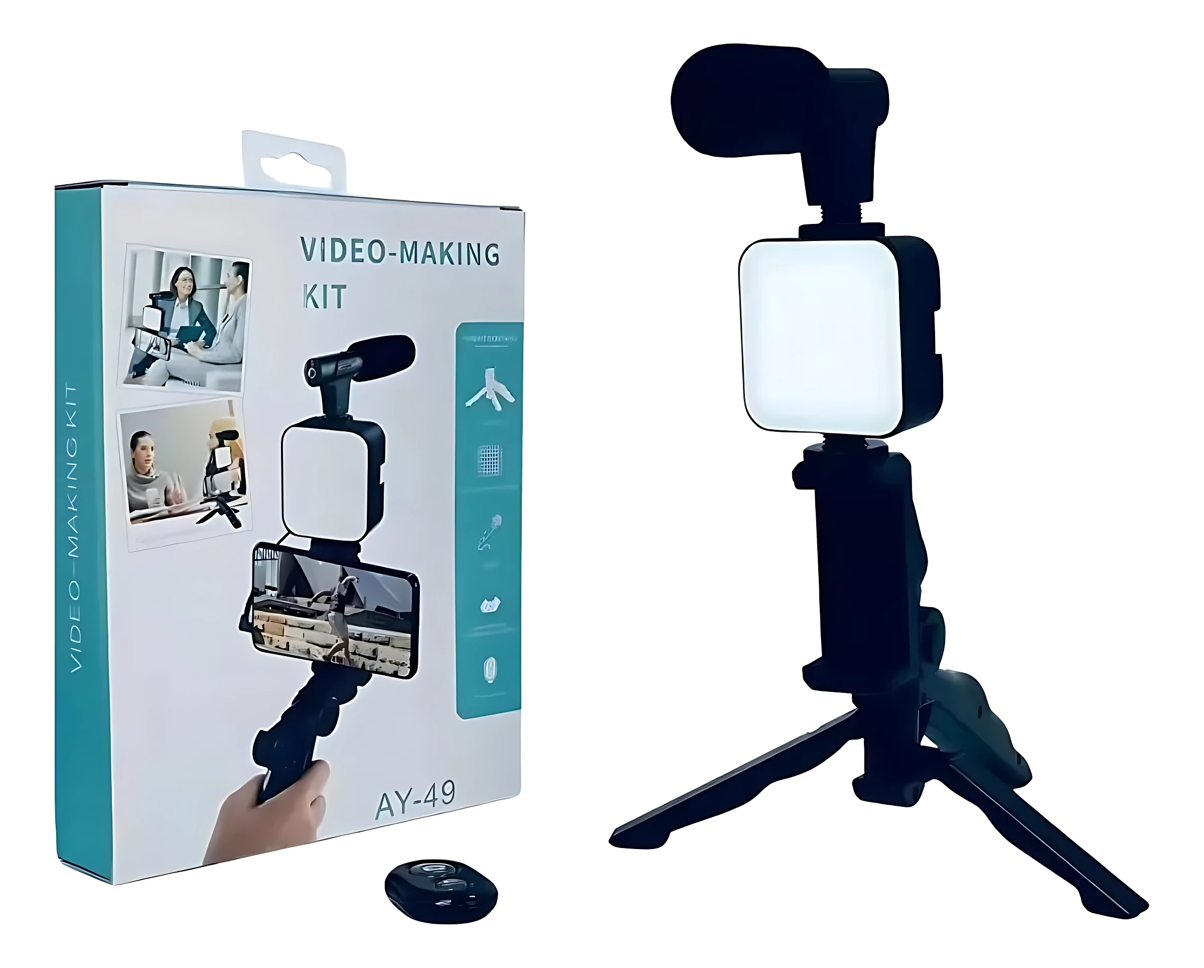 Kit de grabación con micrófono y luz LED, modelo AY-49, en caja blanca y accesorios desmontados sobre fondo blanco. Incluye trípode, soporte para celular, micrófono y panel de iluminación.