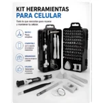 Kit de reparación de celulares abierto, mostrando herramientas organizadas en estuche negro con puntas de precisión, destornilladores, palancas y accesorios para desmontaje seguro.