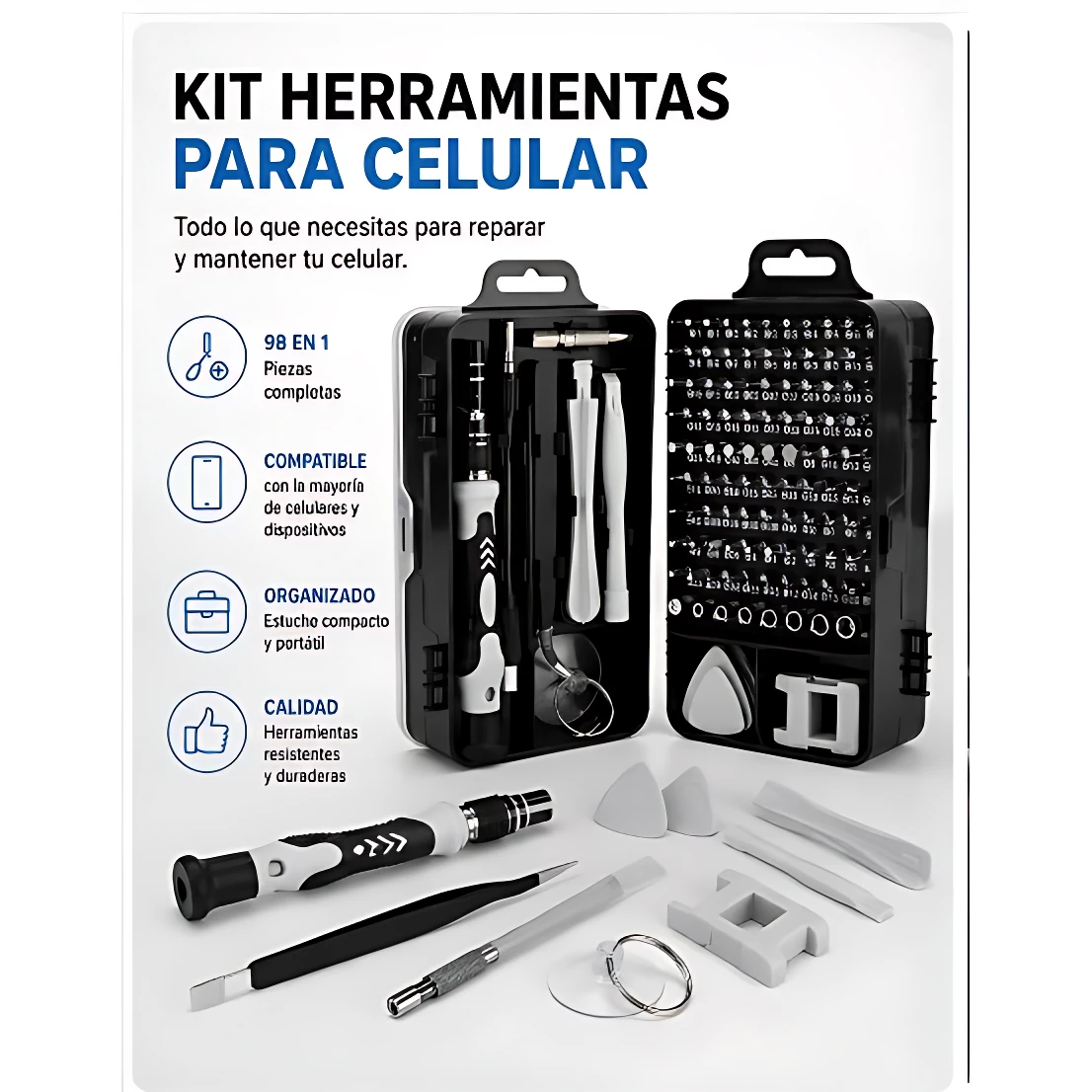 Kit de reparación de celulares abierto, mostrando herramientas organizadas en estuche negro con puntas de precisión, destornilladores, palancas y accesorios para desmontaje seguro.