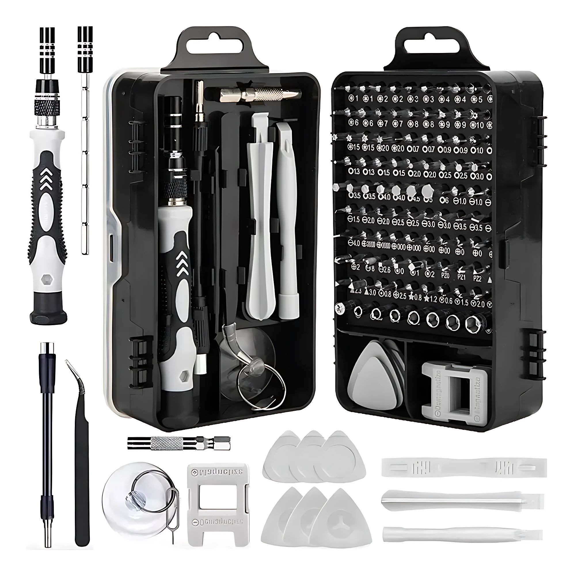 Kit de reparación de celulares en caja negra abierta, mostrando herramientas organizadas: destornilladores, puntas, palancas y accesorios blancos y negros.
