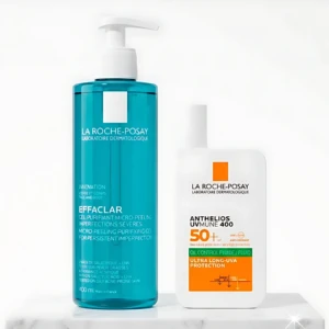 Kit con jabón facial Effaclar azul y protector solar Anthelios 400 en envase blanco, ambos de La Roche-Posay sobre superficie clara.