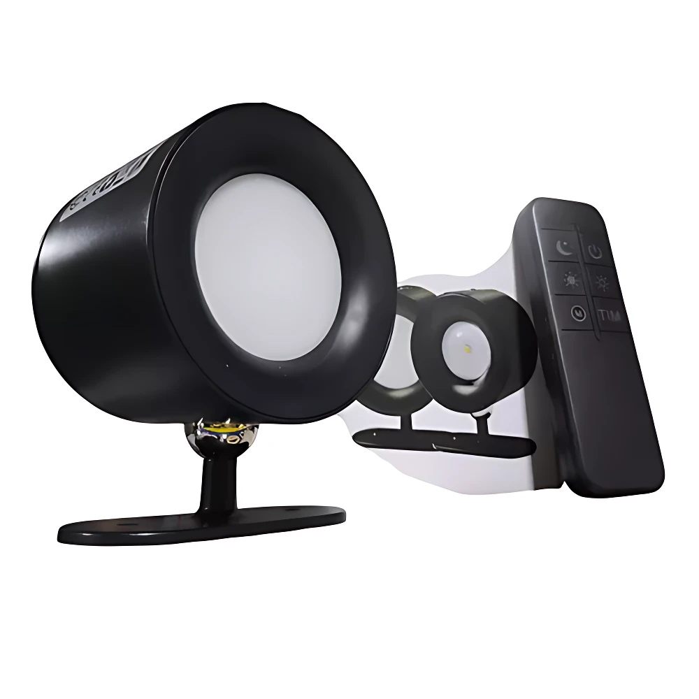 Kit lámpara pared magnética recargable con luz ajustable, color negro, incluye control remoto y soporte base.