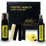 Kit de cuidado de zapatos Poetry Health con desinfectante, incluye limpiador, cepillos, toalla y spray, sobre caja negra con de zapatilla.