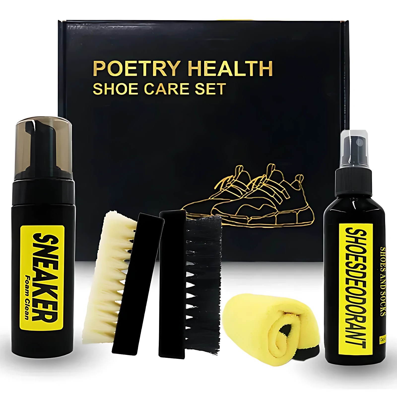 Kit de cuidado de zapatos Poetry Health con desinfectante, incluye limpiador, cepillos, toalla y spray, sobre caja negra con de zapatilla.