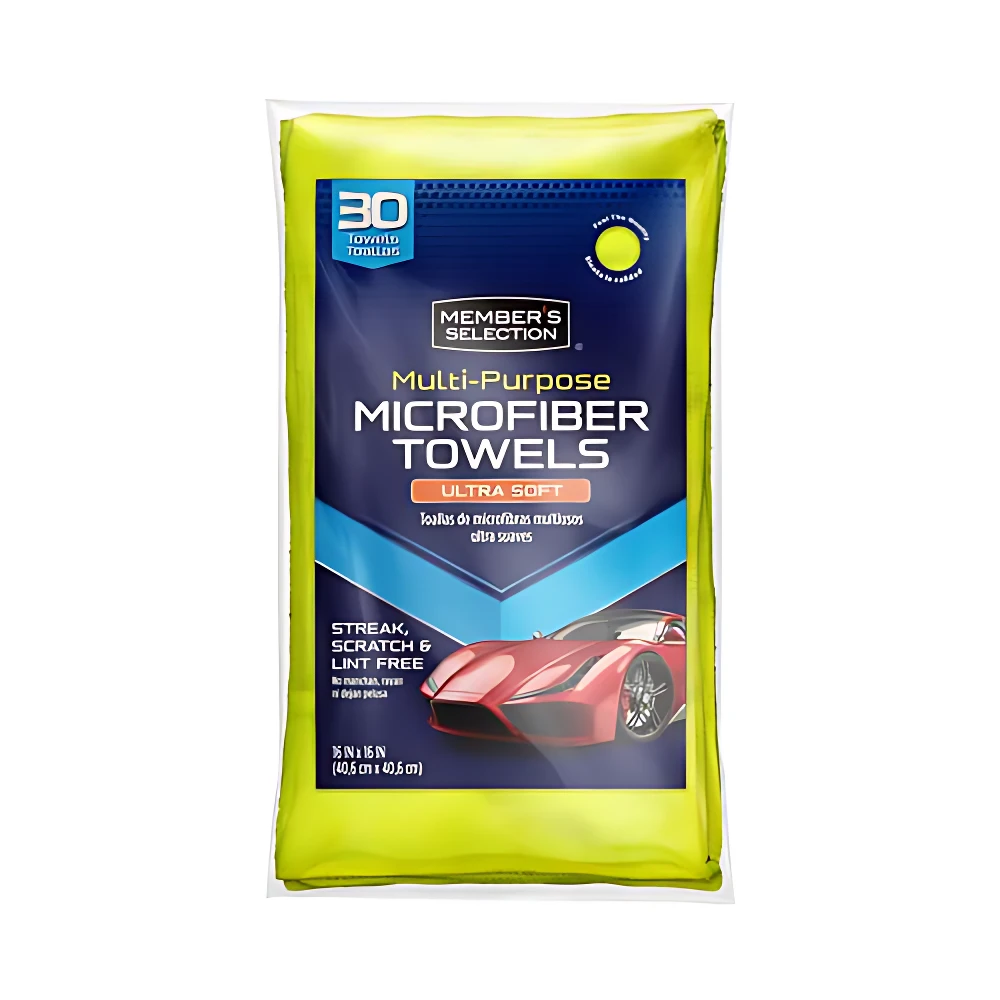 Paquete de 30 toallas de microfibra amarillas para limpieza de autos, ultra suaves y libres de pelusa, con de auto rojo brillante en la etiqueta.