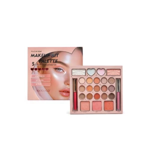 Paleta de maquillaje Igoodco con sombras, rubores y labiales en tonos rosados y naranjas, presentada junto a su caja con modelo.