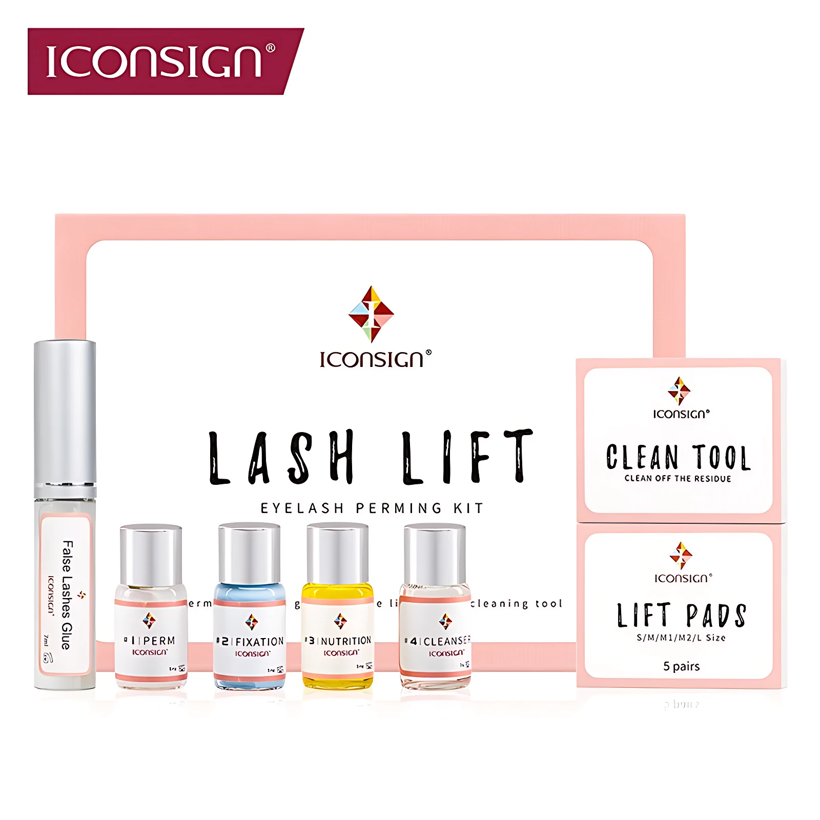 Kit de lifting de pestañas Iconsign con cinco frascos, dos cajas de accesorios y tubo de adhesivo, sobre fondo blanco con marco rosa.
