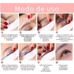 Instrucciones paso a paso para aplicar el kit de lifting de pestañas en casa, mostrando manos con esmalte rojo aplicando productos sobre pestañas y piel.