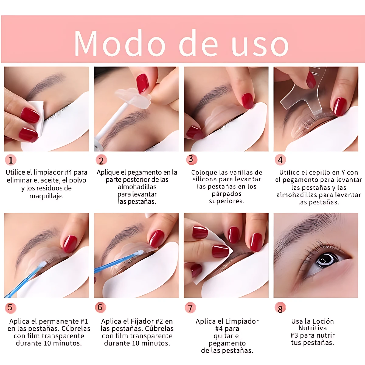 Instrucciones paso a paso para aplicar el kit de lifting de pestañas en casa, mostrando manos con esmalte rojo aplicando productos sobre pestañas y piel.