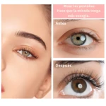 Comparación de ojos antes y después del uso del kit lifting de pestañas, mostrando mayor volumen y curvatura en la mirada posterior.