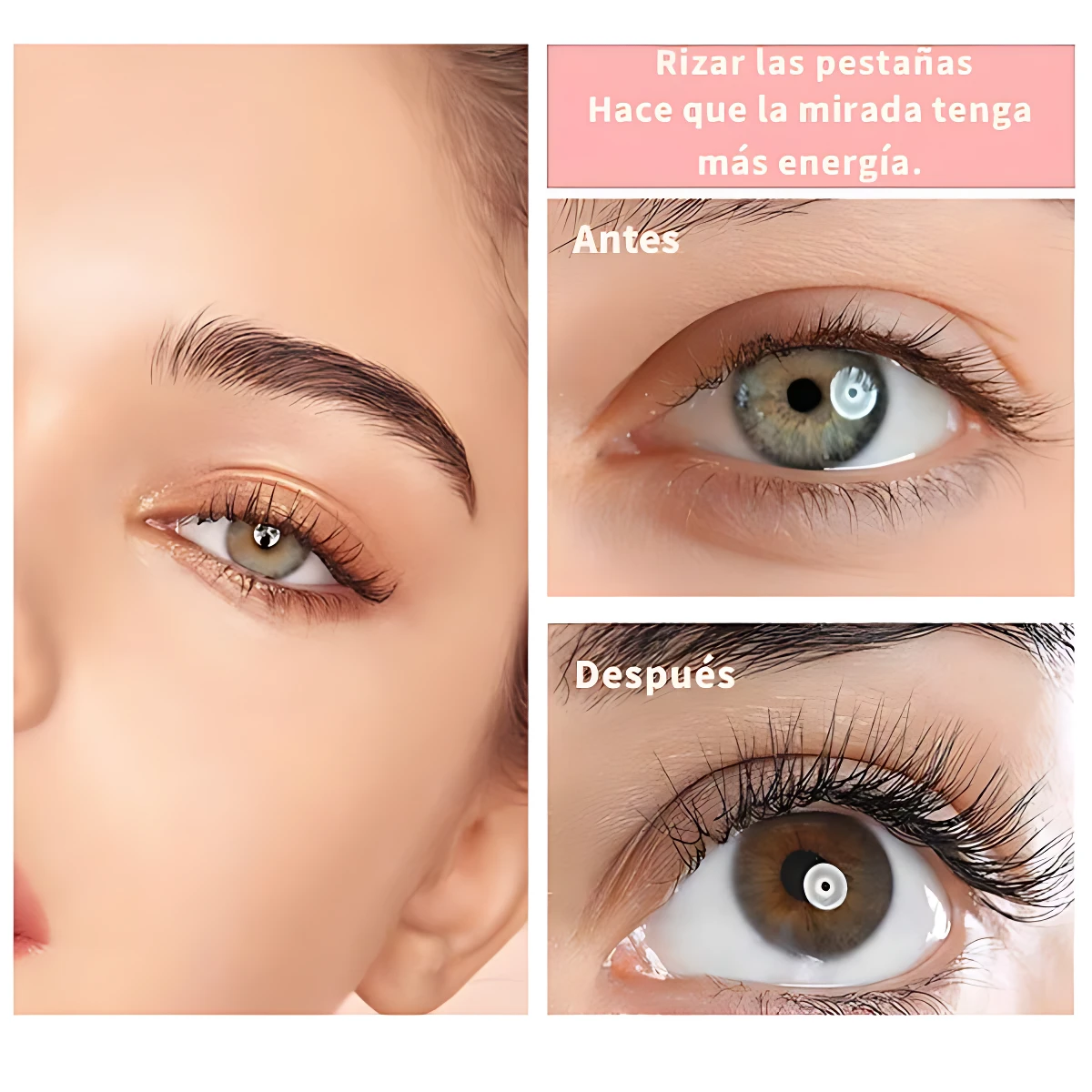 Comparación de ojos antes y después del uso del kit lifting de pestañas, mostrando mayor volumen y curvatura en la mirada posterior.