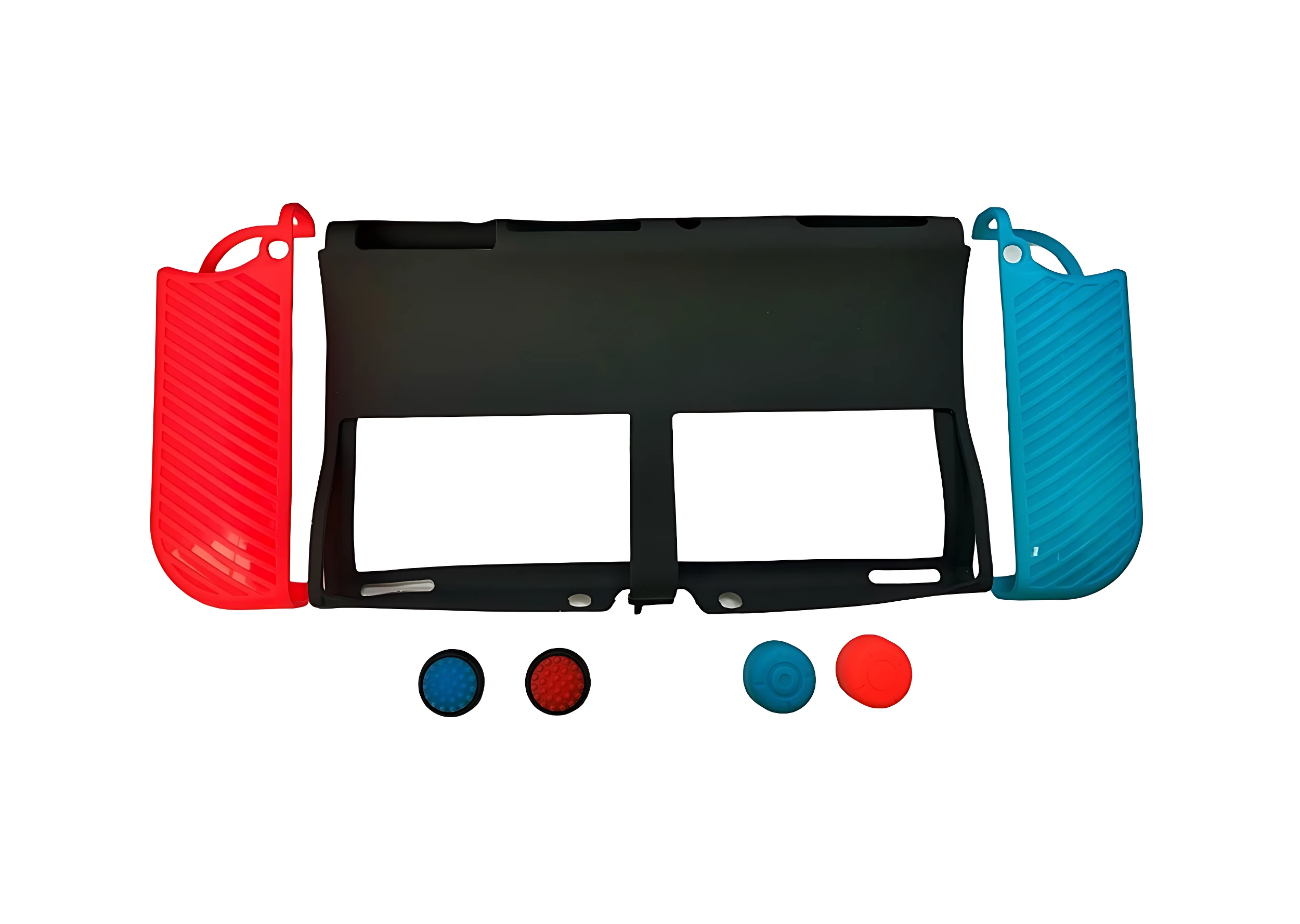 Kit protector silicona Nintendo Switch OLED en negro, rojo y azul con botones de colores incluidos.