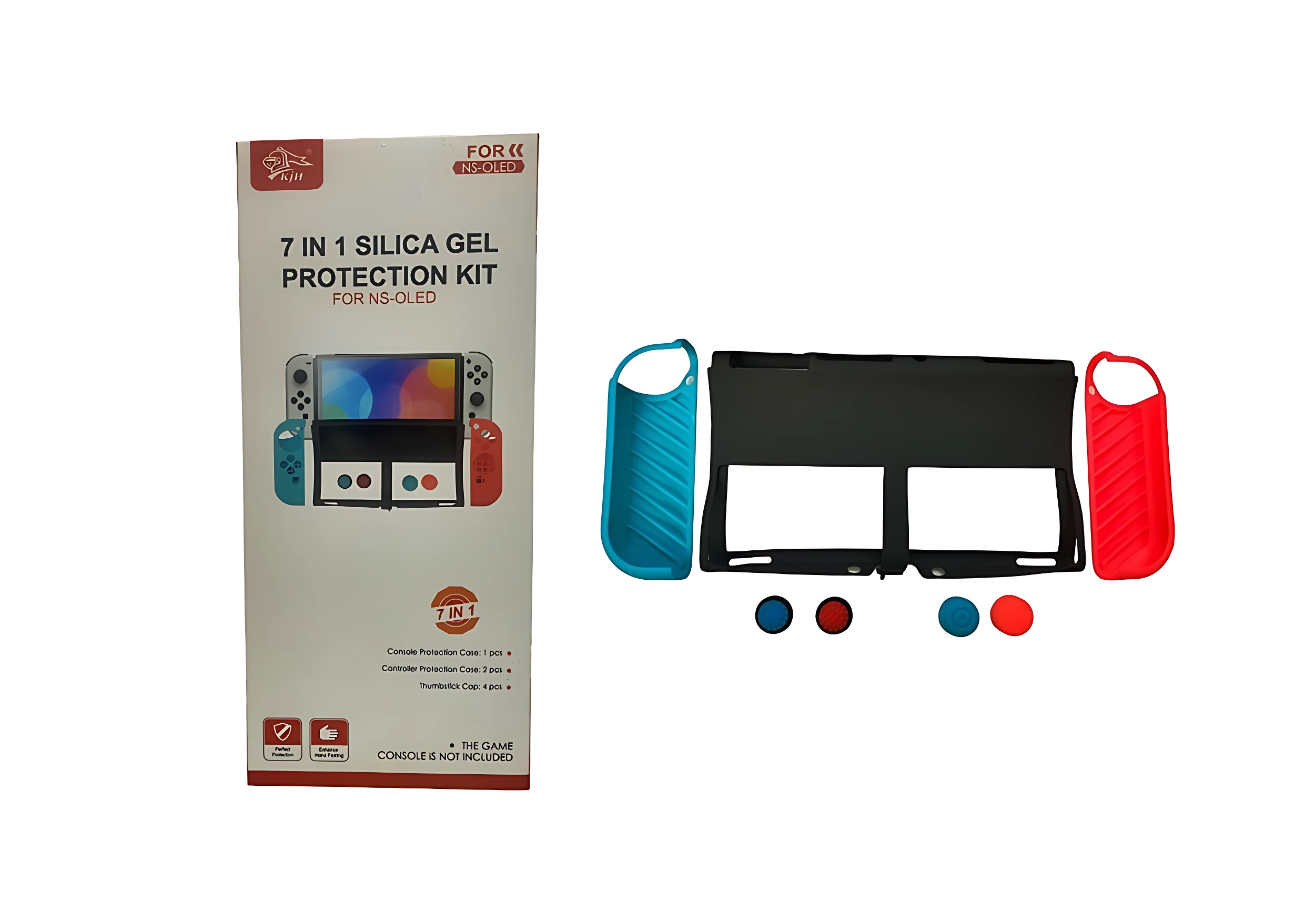 Kit protector silicona para Nintendo Switch OLED, mostrando caja con y accesorios desmontados: marco negro, dos gomas laterales azul y rojo, y tres tapas de botón en azul, rojo y negro.