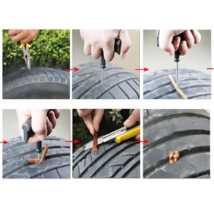 Kit reparación neumáticos: herramienta de dos piezas para sellar fugas en llantas de autos, motos y bicicletas sin desmontar.