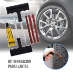 Kit de reparación de neumáticos con aplicador T, tubo de sellador amarillo, cuatro varillas rojas y herramienta de aplicación, mostrando uso en llanta de auto.