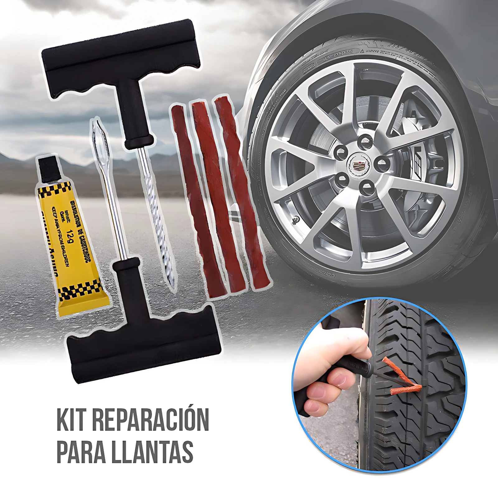 Kit de reparación de neumáticos con aplicador T, tubo de sellador amarillo, cuatro varillas rojas y herramienta de aplicación, mostrando uso en llanta de auto.