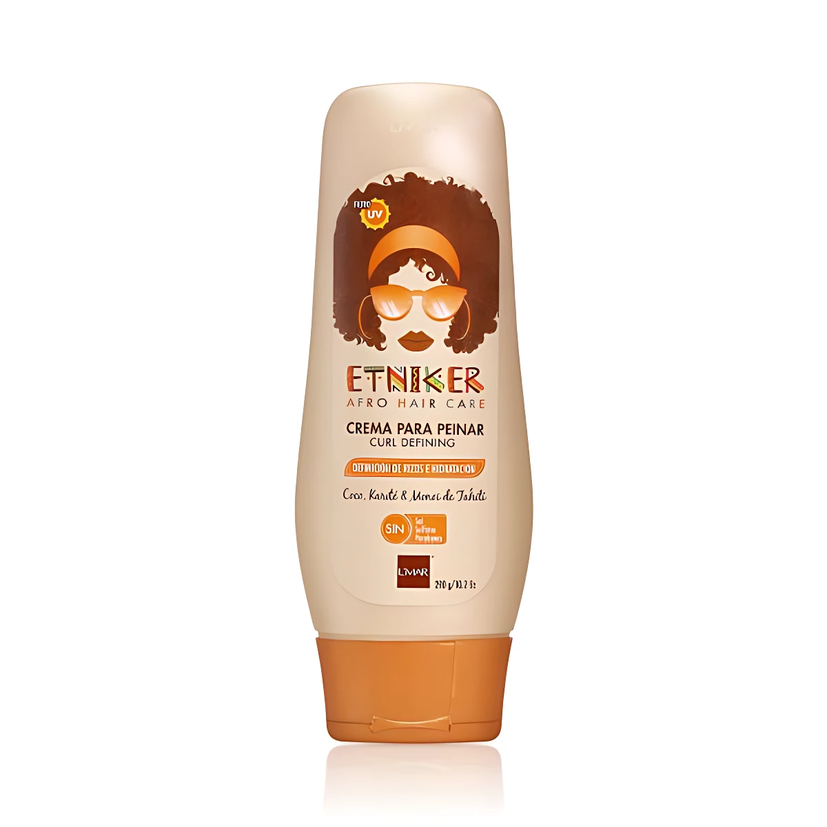 Crema para peinar rizos Etniker, envase de 200 ml con tapa naranja, de cabello rizado y gafas de sol en etiqueta frontal.
