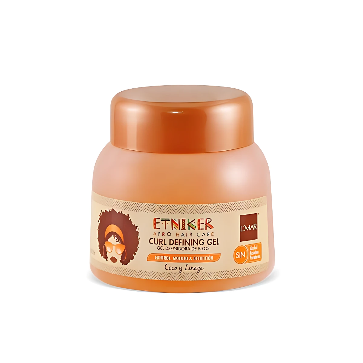 Jarrita de gel definidor de rizos Etniker en tono naranja, con tapa del mismo color y etiqueta que muestra de cabello rizado y texto en español.