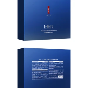 Caja azul del kit de skincare masculino VEZE, mostrando frente y trasera con detalles de producto y texto informativo.