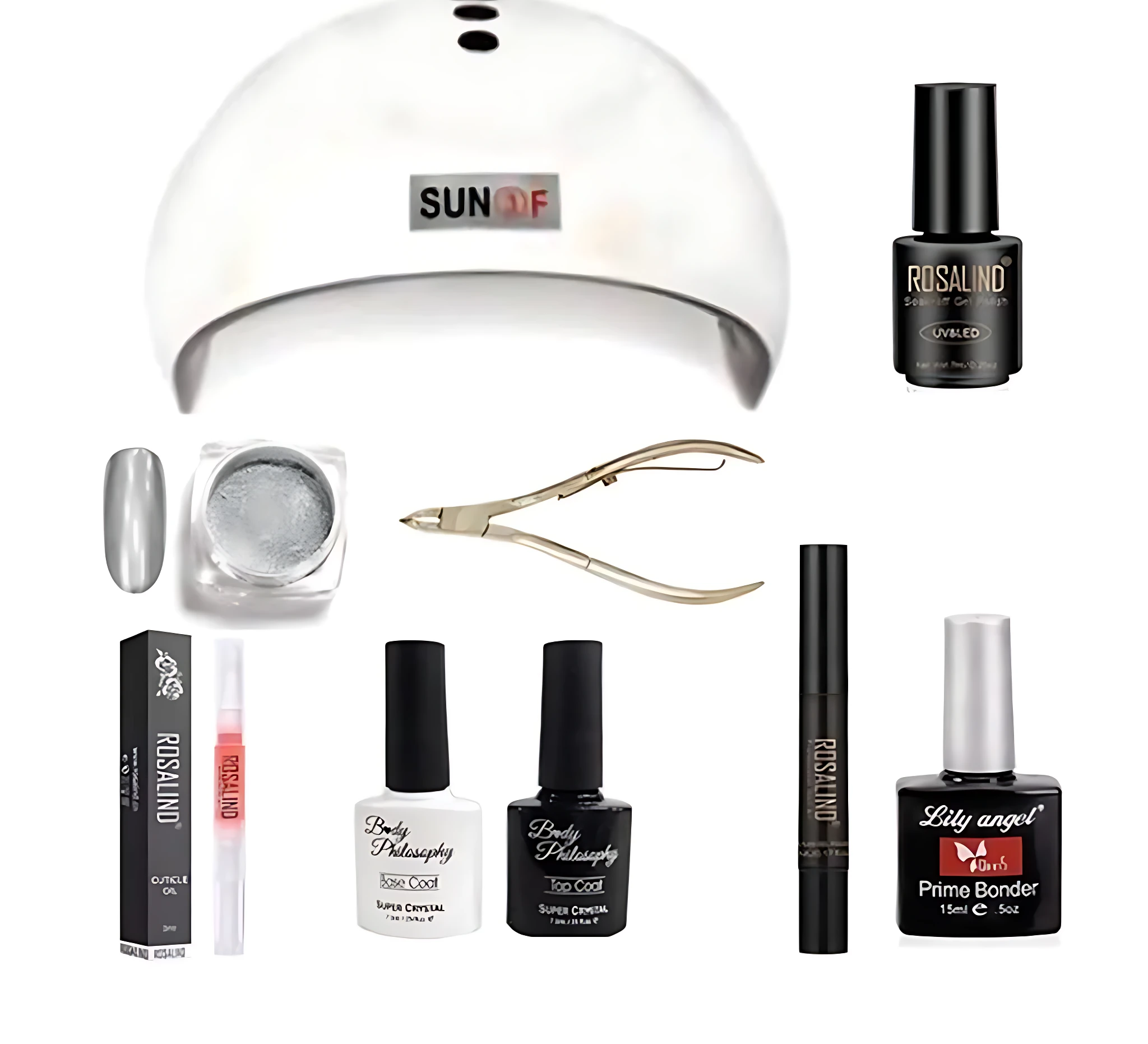 Kit de uñas en gel con lámpara blanca, esmaltes negros y blancos, limpiador, pinzas y base para manicura en casa.