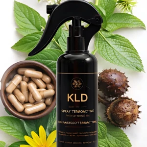 Botella negra de spray termoactivo Kld, con gotero ergonómico, rodeada de cápsulas, flores y frutos secos; etiqueta indica 250 ml.