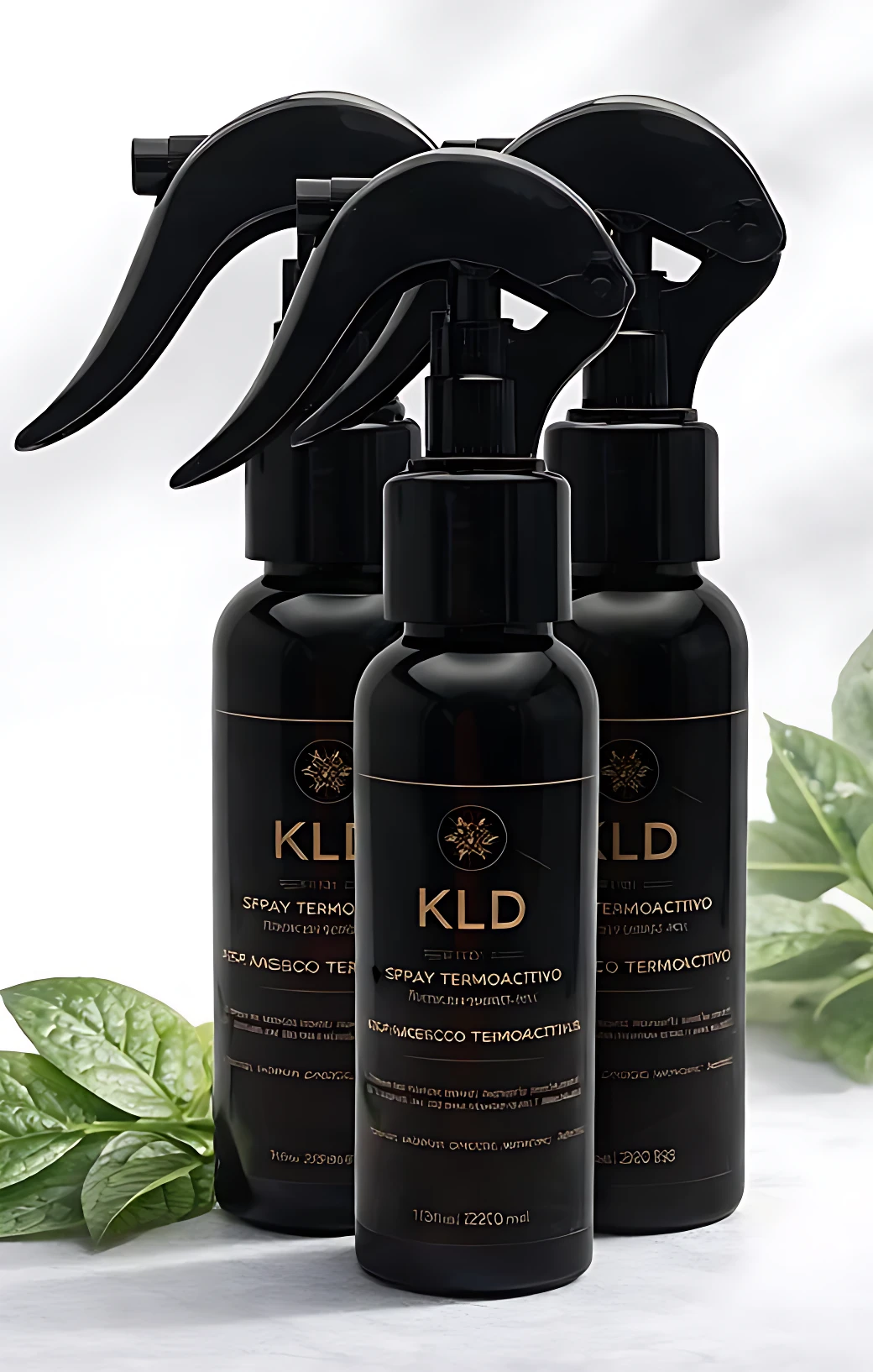 Tres botellas negras de spray termoactivo Kld con etiquetas doradas, dispuestas en diagonal sobre fondo blanco, acompañadas de hojas verdes frescas a los lados.
