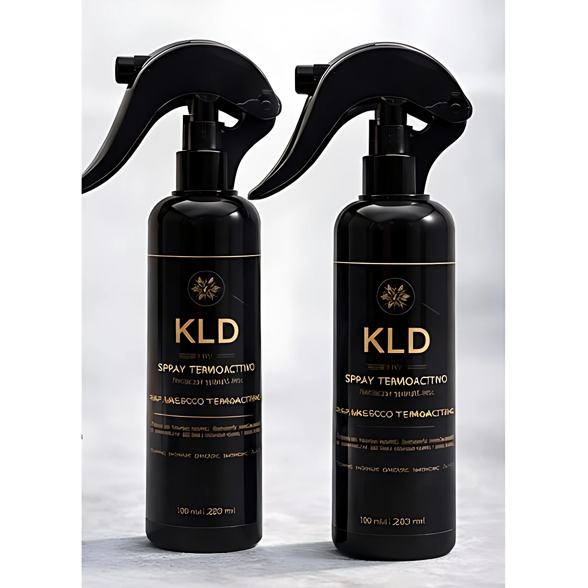Dos botellas negras de spray termoactivo KLD, con etiqueta dorada y texto en español, mostrando 200 ml cada una, dispuestas lado a lado sobre superficie clara.