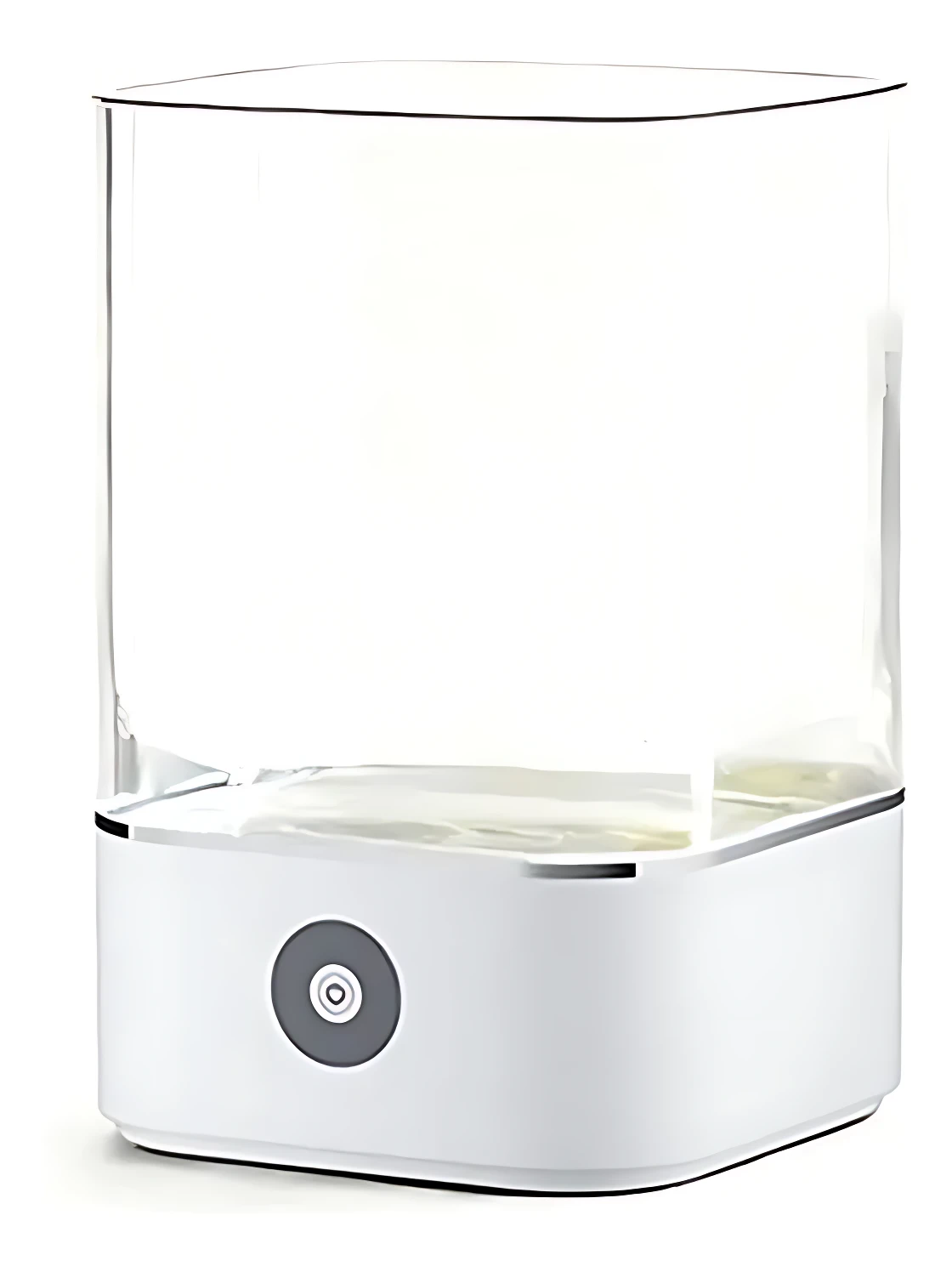 Lámpara acuario blanco con base y tanque transparente, control táctil frontal, diseño minimalista para ambiente relajante.