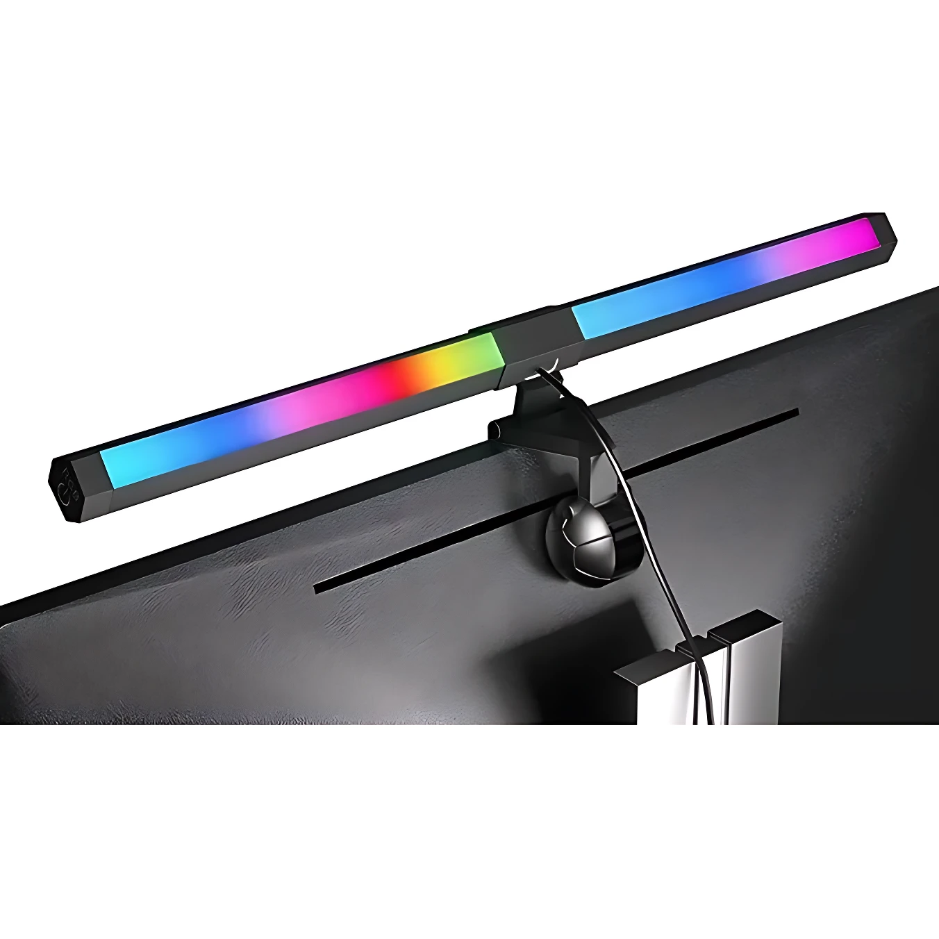 Lámpara LED RGB para monitor con soporte ajustable, vista lateral mostrando gradiente de colores y cable conectado al panel trasero.