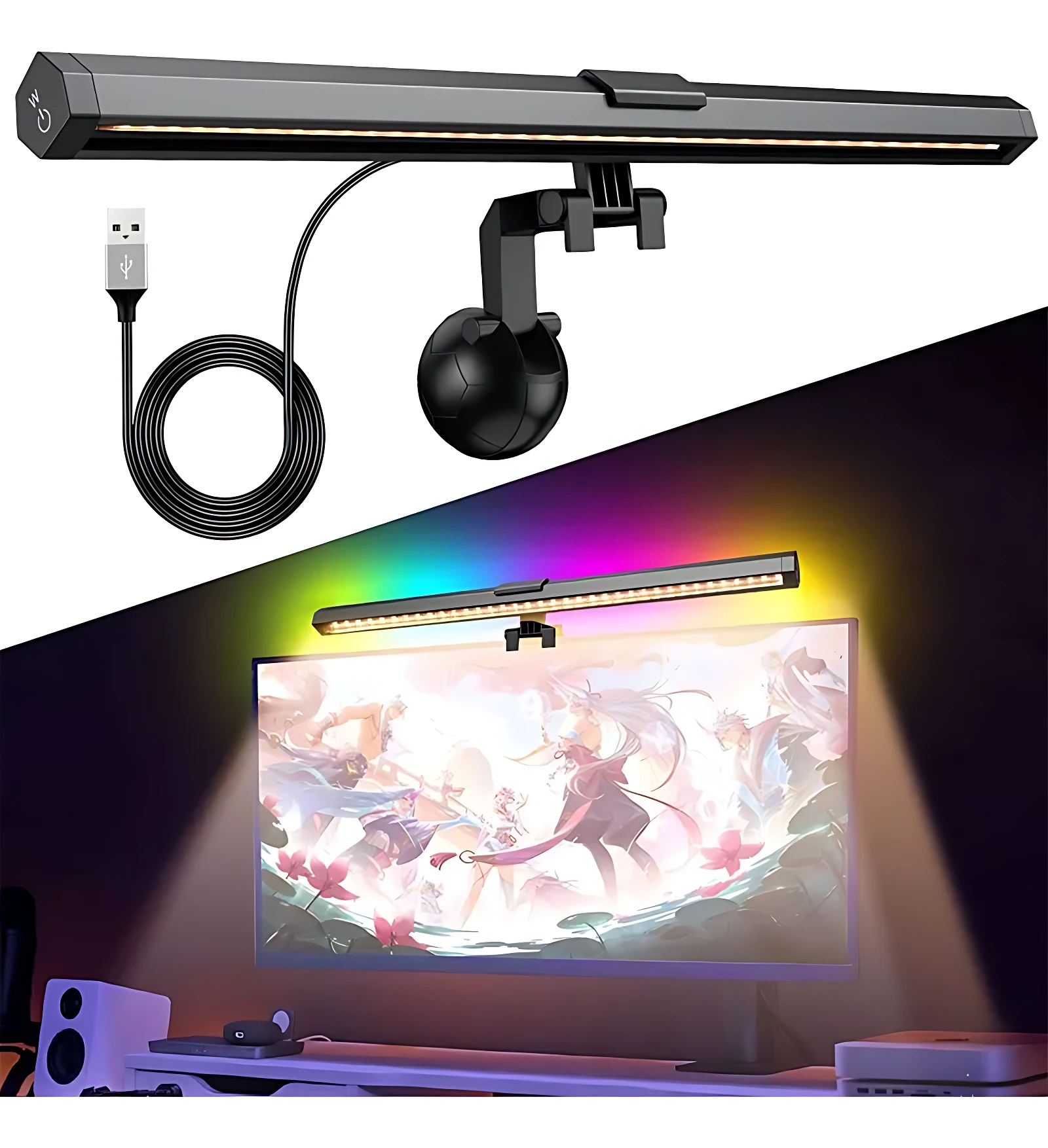 Lámpara LED para monitor con soporte ajustable y cable USB, mostrando vista frontal y montaje sobre pantalla con iluminación RGB.