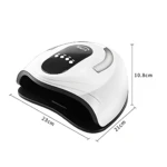 Lámpara de uñas S9 blanca con panel negro, medidas 23x21x10.8 cm, diseño ergonómico para secado rápido de esmalte.