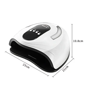 Lámpara de uñas S9 blanca con panel negro, medidas 23x21x10.8 cm, diseño ergonómico para secado rápido de esmalte.