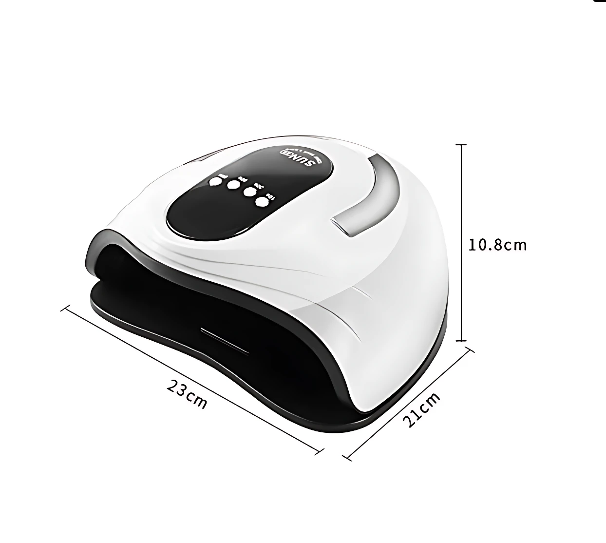 Lámpara de uñas S9 blanca con panel negro, medidas 23x21x10.8 cm, diseño ergonómico para secado rápido de esmalte.