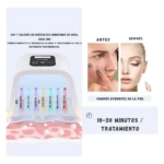 Lámpara LED facial con 7 longitudes de onda visibles, panel digital y diagrama de aplicación en piel. Incluye comparativa antes y después, duración de tratamiento 10-20 minutos.