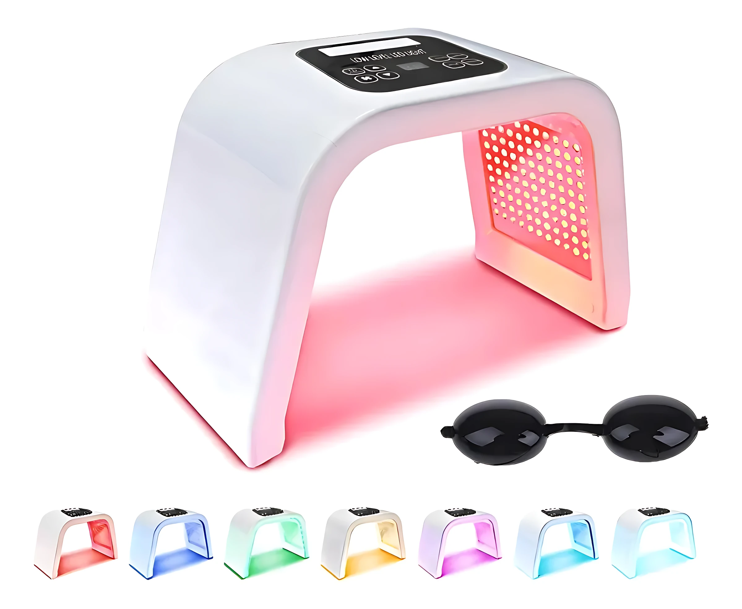 Lámpara facial LED blanca con panel de luces rojas y gafas protectoras, mostrando seis variantes de colores en la parte inferior.
