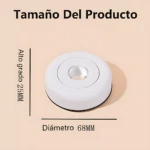 Lámpara LED portátil blanca, diámetro 68 mm y altura 25 mm, vista frontal con indicador central.