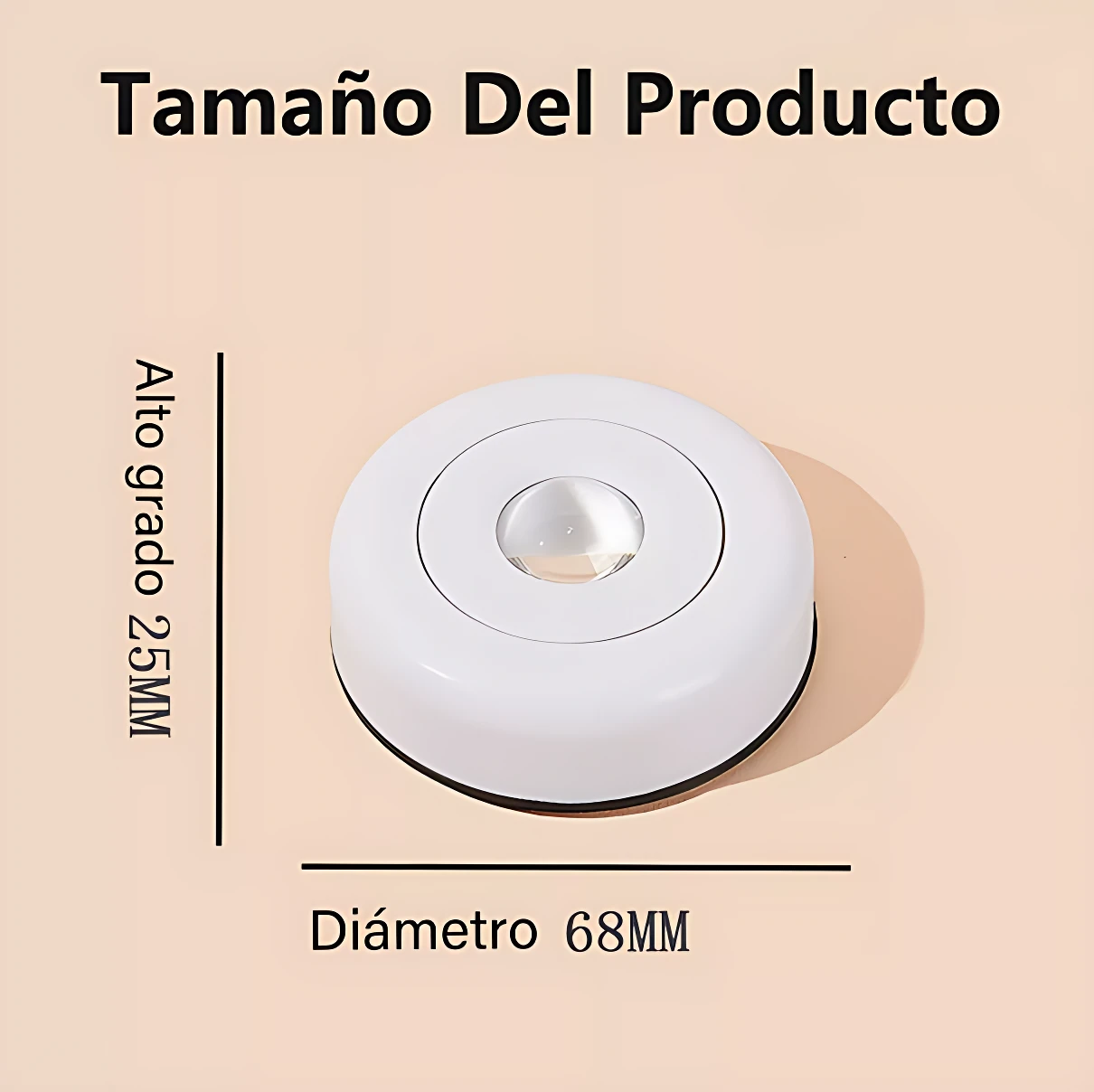 Lámpara LED portátil blanca, diámetro 68 mm y altura 25 mm, vista frontal con indicador central.