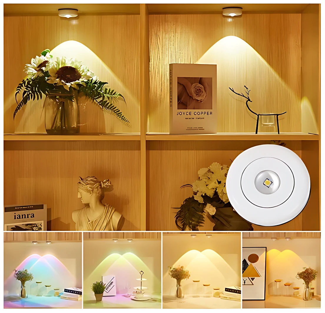 Lámpara LED circular blanca con luz cálida, instalada en estantería de madera; incluye variante RGB y vista frontal del módulo.