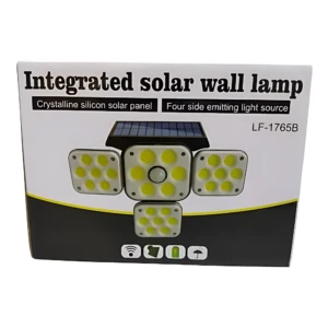 Lámpara solar X4 con panel fotovoltaico y cuatro fuentes de luz LED, modelo LF-1765B, ideal para iluminación exterior sin cableado.