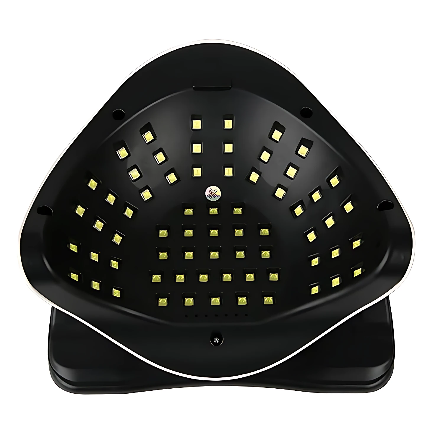 Lámpara LED negra triangular con 48 diodos visibles, base plana y soporte integrado para celular, diseñada para secado rápido de esmalte.