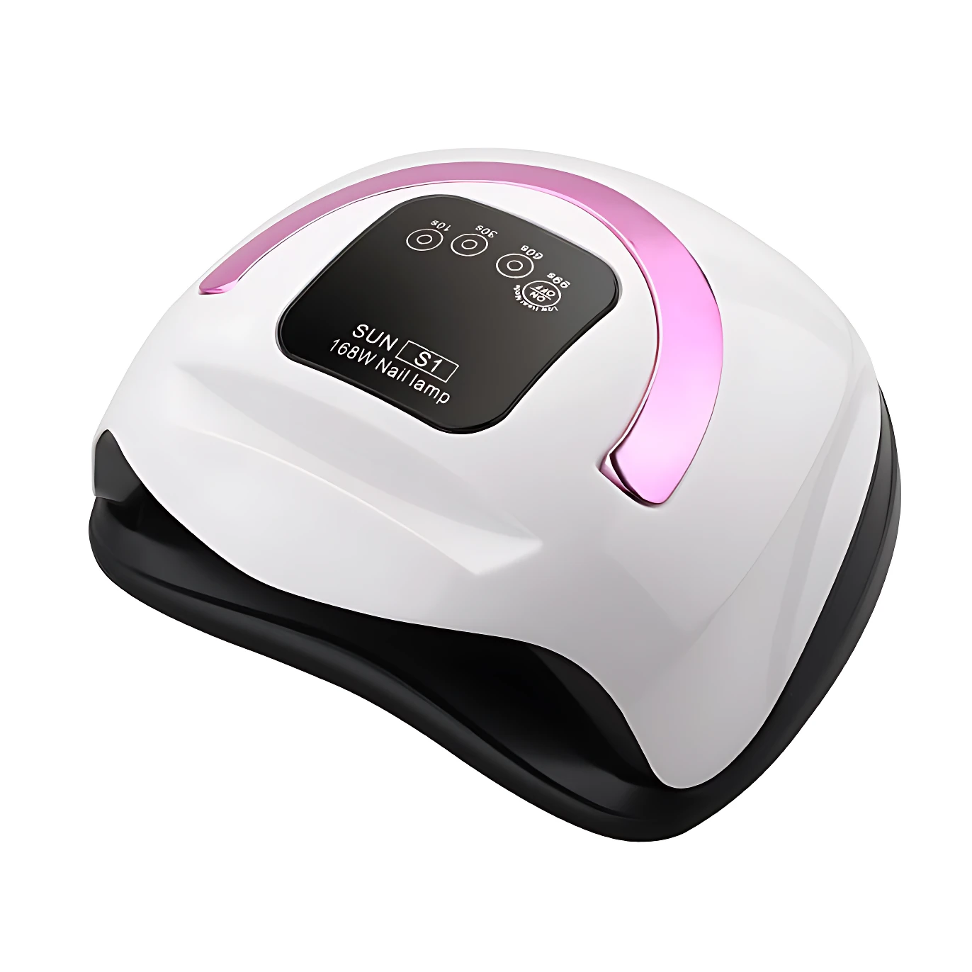 Lámpara de uñas LED 168W en blanco y negro con detalles rosados, diseño compacto y panel frontal con indicadores de estado.