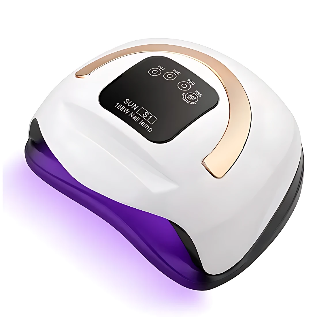 Lámpara LED para uñas en color blanco con detalles dorados y base morada, mostrando panel de control frontal con indicadores de tiempo y potencia.