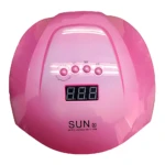 Lámpara UV LED Sun 54W en color rosa brillante, con panel frontal que incluye cuatro botones de control, pantalla digital y logotipo visible. Diseñada para secar geles y esmaltes sin calor.