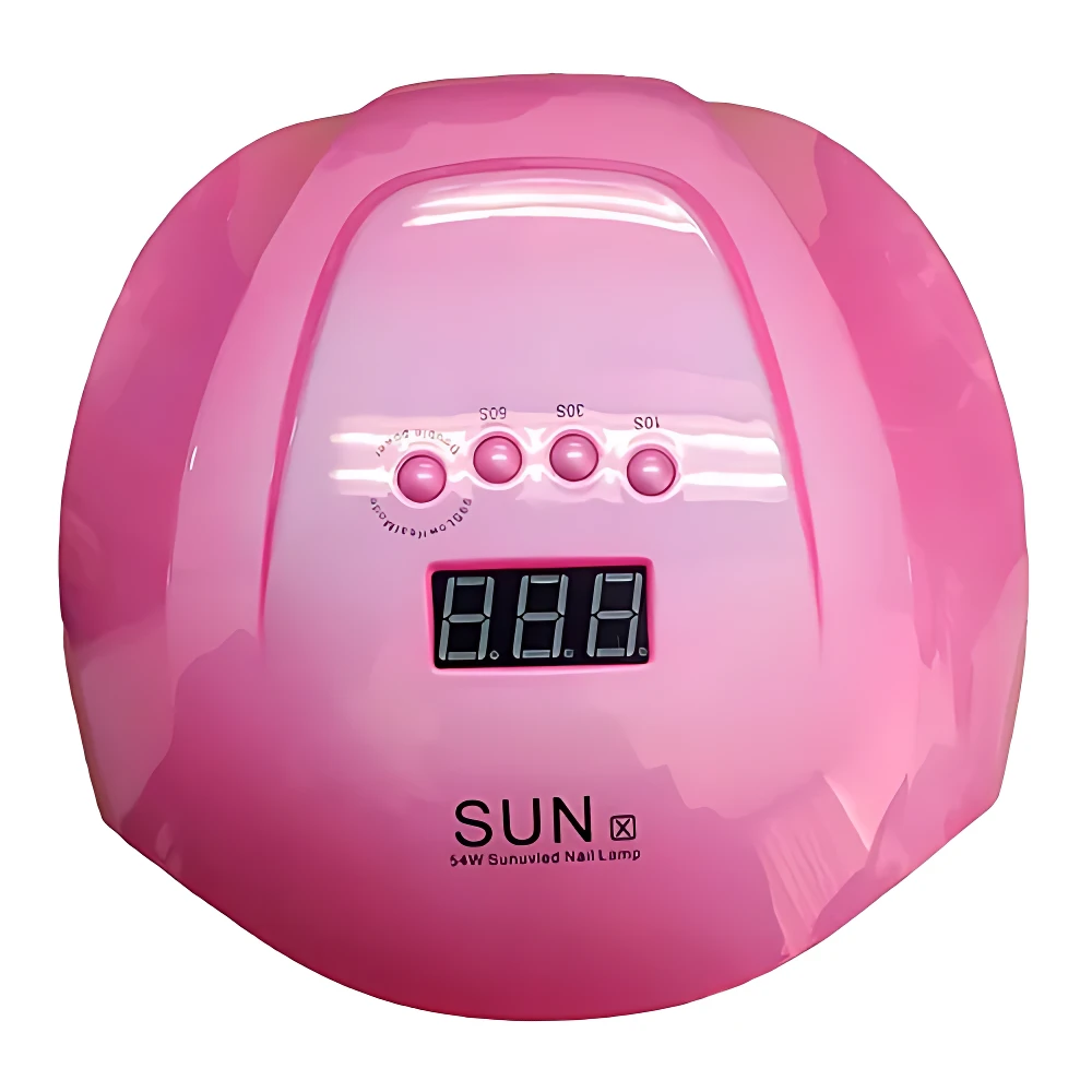 Lámpara UV LED Sun 54W en color rosa brillante, con panel frontal que incluye cuatro botones de control, pantalla digital y logotipo visible. Diseñada para secar geles y esmaltes sin calor.